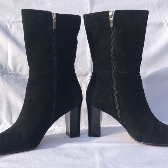 Anne Klein Black Suede Mid Calf High Heel Boots w/Square Toe - Picture 13 of 16